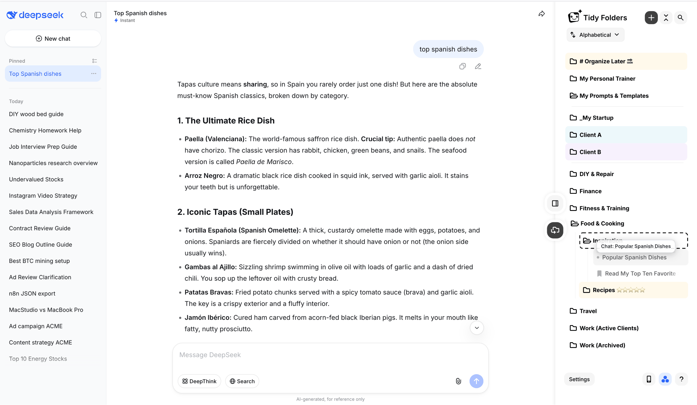 DeepSeek folders with the Tidy Folders panel: real folders and subfolders next to the chat sidebar, with a conversation being dragged into place