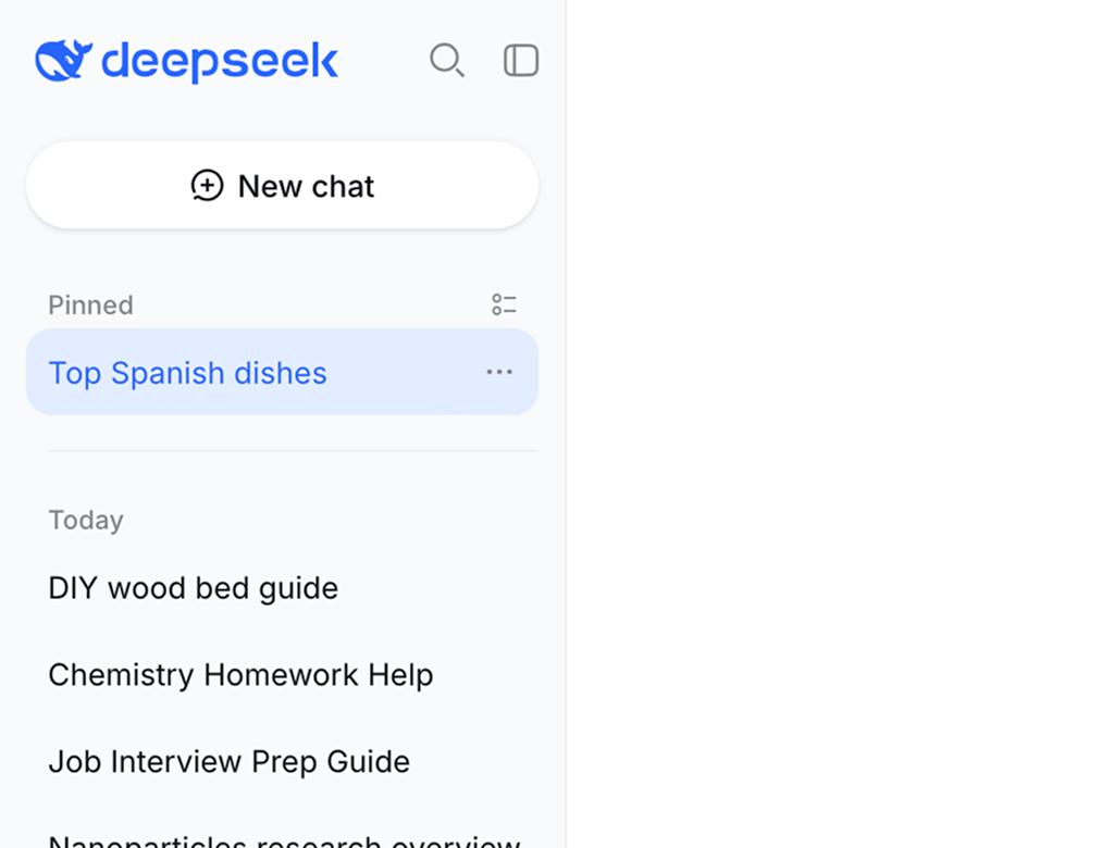 No DeepSeek folders in the native sidebar: a pin option and one chronological list, but nothing that groups your chats