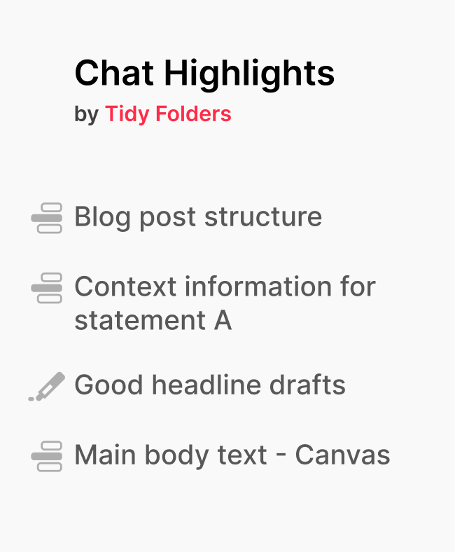 The Chat Highlights panel of the DeepSeek folders extension: saved highlights listed by name, each one a jump-link back to its exact passage in the chat