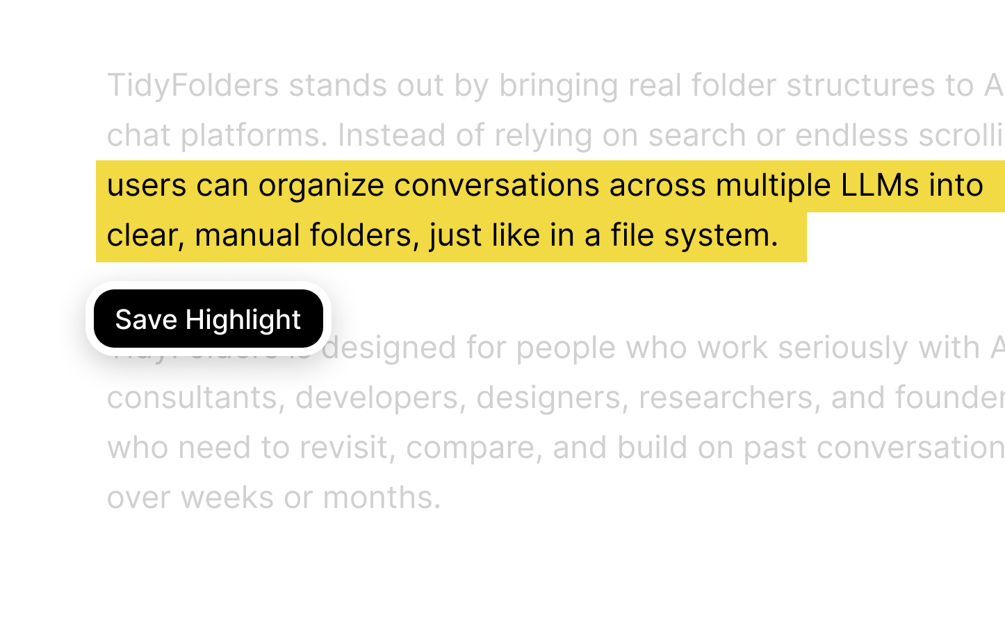 Text highlighting in Tidy, the extension behind DeepSeek folders: the decisive passage of a long answer marked in yellow, with the Save Highlight button below